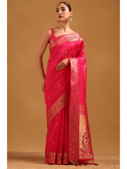 Soch - Fuchsia Pink Tussar Zari Woven Bird Motifs Saree with Unstitched Blouse