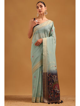 Soch - Sea Green Chanderi Zari Woven Peacock Motifs Saree with Unstitched Blouse