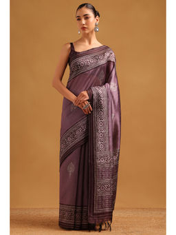 Soch - Purple Tussar Kantha Printed Thread Work Saree with Unstitched Blouse