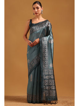 Soch - Teal Tussar Batik Printed Mirror Work Saree with Unstitched Blouse