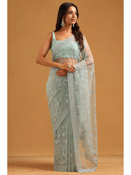Soch - Sea Green Net Floral Sequined Saree with Unstitched Blouse