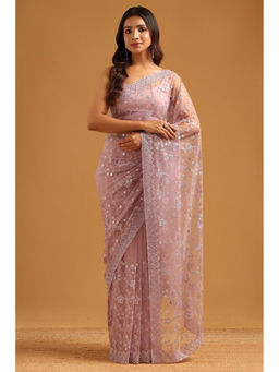 Soch - Mauve Net Floral Sequined Saree with Unstitched Blouse