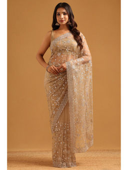 Soch - Beige Net Floral Sequined Saree with Unstitched Blouse