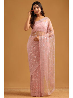 Soch - Light Pink Net Floral Sequined Saree with Unstitched Blouse