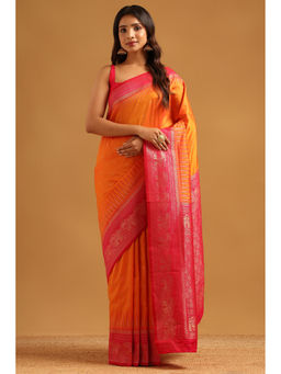 Soch - Orange Silk Blend Jacquard Zari Woven Saree with Unstitched Blouse