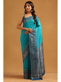 Soch - Blue Silk Blend Jacquard Zari Woven Saree with Unstitched Blouse