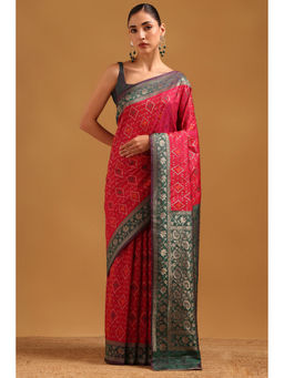 Soch - Dark Pink Silk Blend Ikat Woven Saree with Unstitched Blouse