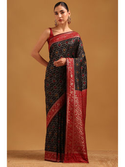 Soch - Black Silk Blend Ikat Woven Saree with Unstitched Blouse
