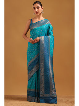 Soch - Blue Silk Blend Ethnic Motifs Brocade Zari Woven Saree with Unstitched Blouse