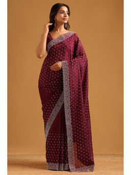Soch - Wine Satin Stone Work Embellished Saree with Unstitched Blouse