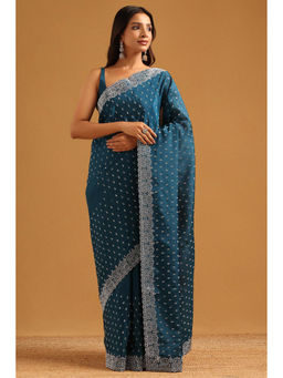 Soch - Teal Satin Stone Work Embellished Saree with Unstitched Blouse