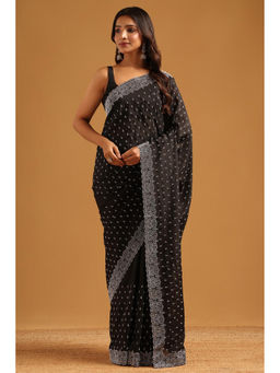 Soch - Black Satin Stone Work Embellished Saree with Unstitched Blouse
