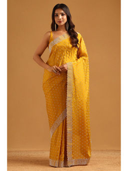 Soch - Yellow Satin Stone Work Embellished Saree with Unstitched Blouse
