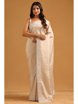 Soch - Cream Satin Stone Work Embellished Saree with Unstitched Blouse