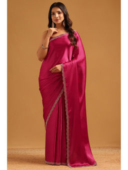 Soch - Fuchsia Pink Satin Solid Stone Work Saree with Unstitched Blouse