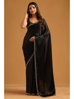 Soch - Black Satin Solid Stone Work Saree with Unstitched Blouse