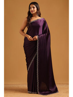 Soch - Purple Satin Solid Stone Work Saree with Unstitched Blouse