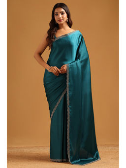 Soch - Teal Satin Solid Stone Work Saree with Unstitched Blouse