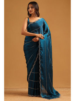 Soch - Teal Fendy Organza Stone Embellished Saree with Unstitched Blouse