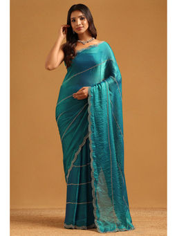 Soch - Turquoise Fendy Organza Stone Embellished Saree with Unstitched Blouse