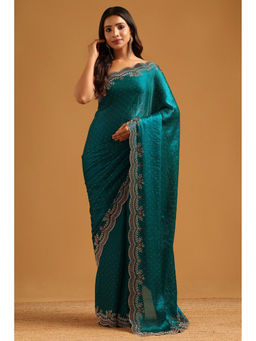 Soch - Teal Fendy Organza Stone Work Embellished Saree with Unstitched Blouse