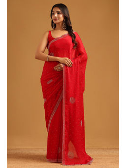 Soch - Red Fendy Organza Embellished Stone Work Saree with Unstitched Blouse