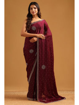 Soch - Burgundy Fendy Organza Embellished Stone Work Saree with Unstitched Blouse