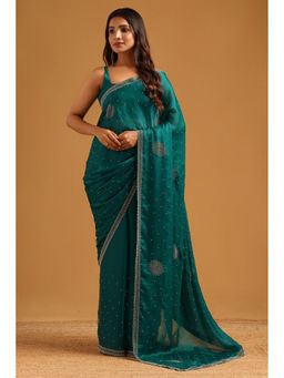 Soch - Teal Fendy Organza Embellished Stone Work Saree with Unstitched Blouse