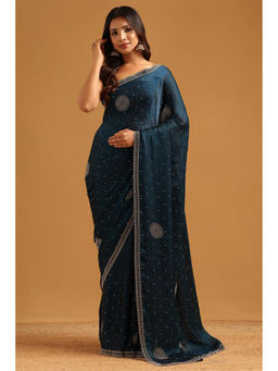 Soch - Navy Blue Fendy Organza Embellished Stone Work Saree with Unstitched Blouse