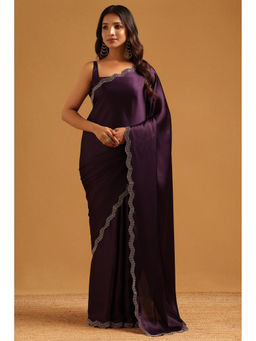Soch - Purple Satin Stone Work Embellished Saree with Unstitched Blouse