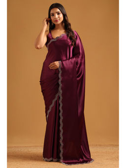 Soch - Wine Satin Solid Stone Work Embellished Saree with Unstitched Blouse