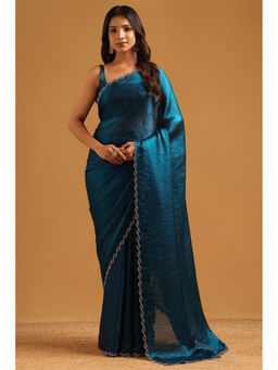 Soch - Teal Fendy Organza Stone Embellished Saree with Unstitched Blouse