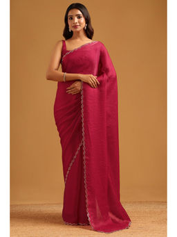 Soch - Fuchsia Pink Fendy Organza Stone Work Embellished Saree with Unstitched Blouse