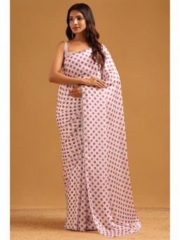 Soch - Lavender-White Satin Polka Dots Stone Work Saree with Unstitched Blouse