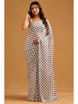 Soch - Black-White Satin Polka Dots Stone Work Saree with Unstitched Blouse