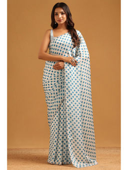 Soch - Blue-White Satin Polka Dots Stone Work Saree with Unstitched Blouse