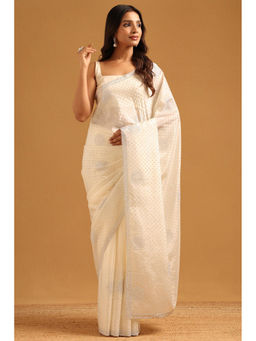 Soch - Cream Satin Stone Work Embellished Saree with Unstitched Blouse