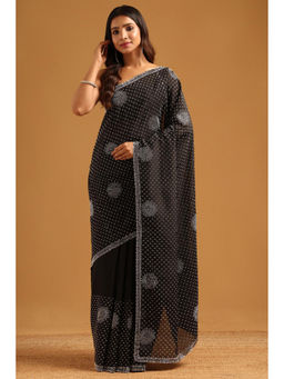 Soch - Black Satin Stone Work Embellished Saree with Unstitched Blouse