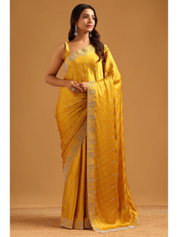 Soch - Yellow Satin Solid Stone Work Embellished Saree with Unstitched Blouse