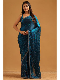 Soch - Teal Fendy Organza Stone Work Embellished Saree with Unstitched Blouse