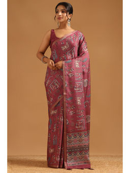 Soch - Onion Pink Art Silk Kalamkari Printed Saree with Unstitched Blouse