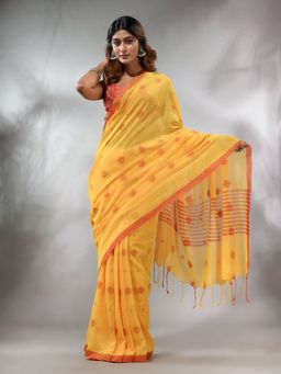 CHARUKRITI - Yellow Cotton Handwoven Saree with Texture Pattern & Unstitched Blouse