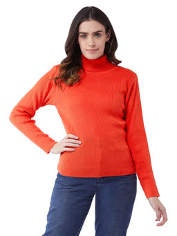 RVK - Women Orange Ribbed Pullover Sweater