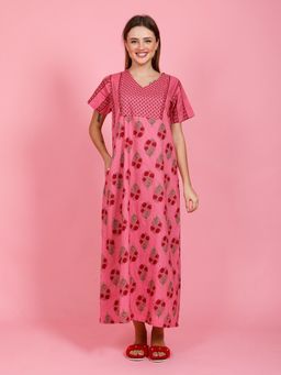 evolove - Printed Cotton Nighty Maxi for Women with Side Pocket