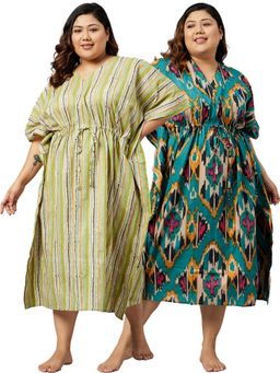 Secrets By ZeroKaata - Women Plus Size Pure Cotton Kaftan Nightdress (Set of 2)