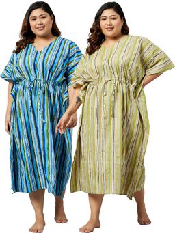 Secrets By ZeroKaata - Women Plus Size Pure Cotton Kaftan Nightdress (Set of 2)