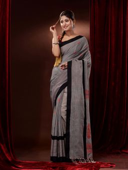 CHARUKRITI - Grey Pure Cotton Handwoven Ethnic Motifs & Checkered Borders Saree with Unstitched Blouse