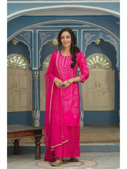 Juniper - Fuchsia Bandhani Printed Satin Kurta Palazzo & Net Dupatta set with Beads & Lace Work