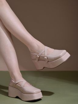 Shoetopia - Stylish Solid Buckle Detailed Beige Heels for Girls