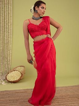 Gajra Gang - Dreamy Red Saree With Stitched Blouse (Set of 2)